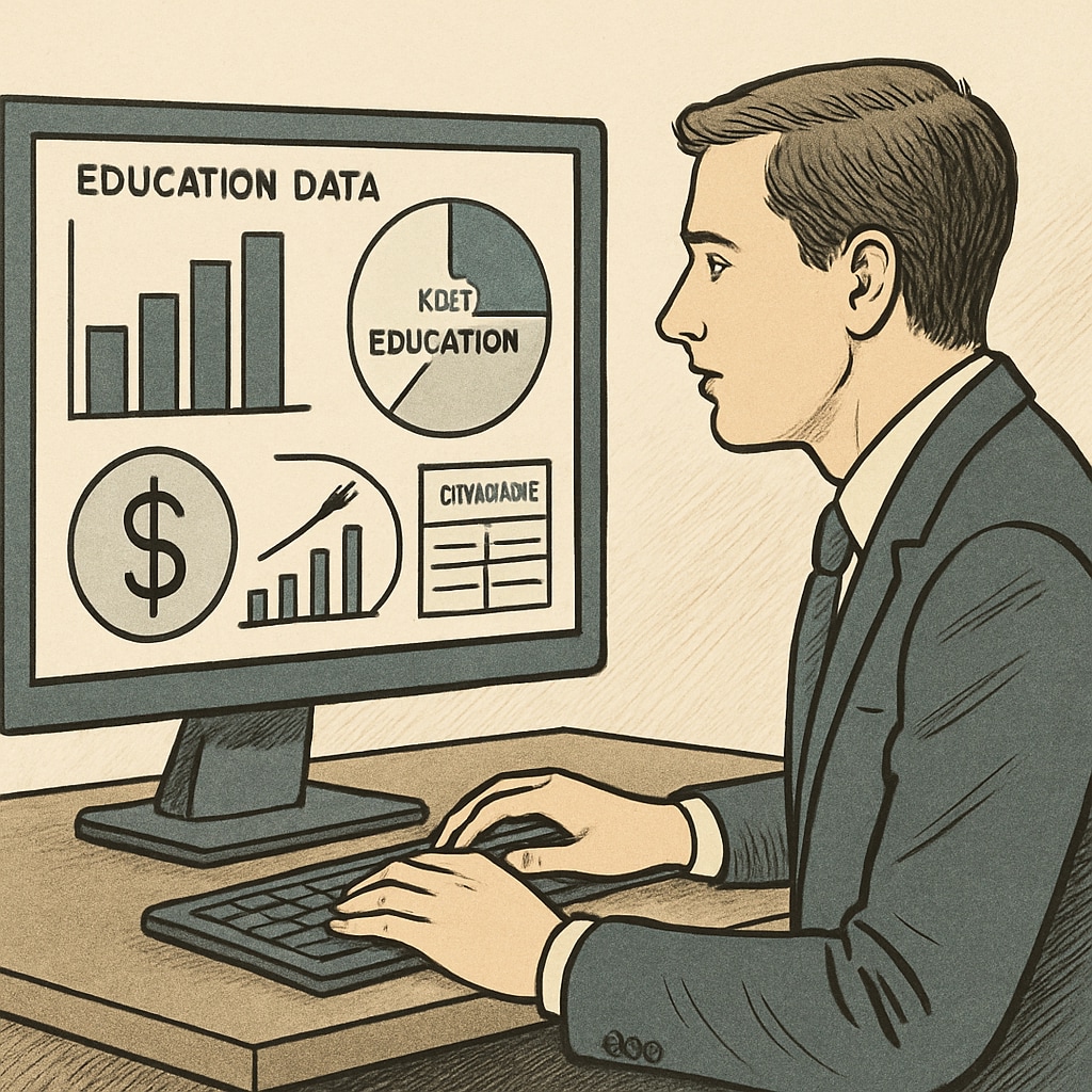 A professional analyzing education data on a computer screen, representing the use of business analysis and finance in K12 education. Business analysis and finance expertise applied in K12 education data analysis.