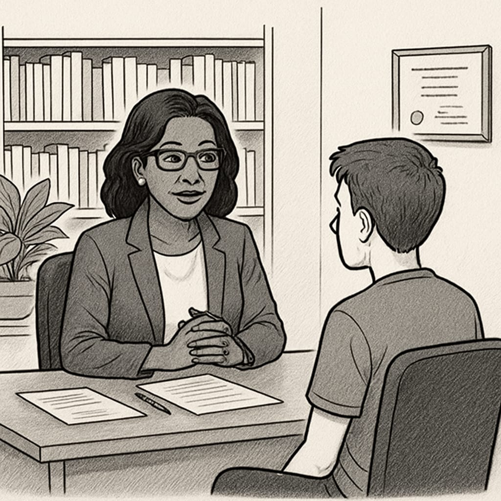 School counselor guiding a student, fitting the school schedule.