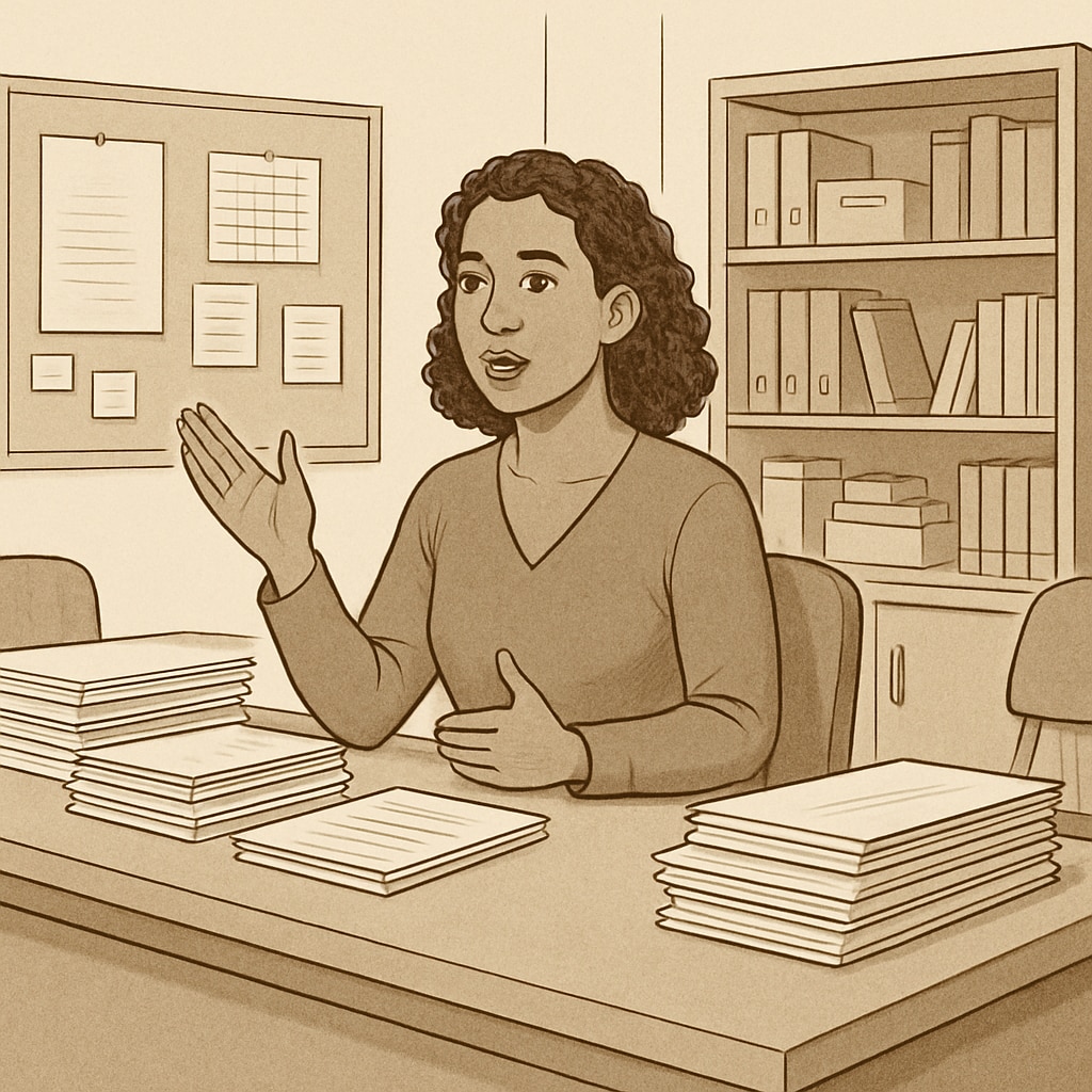 A mother sitting in a school office, surrounded by paperwork, advocating for her special needs daughter. A mother advocating for her special needs daughter during a school application process.