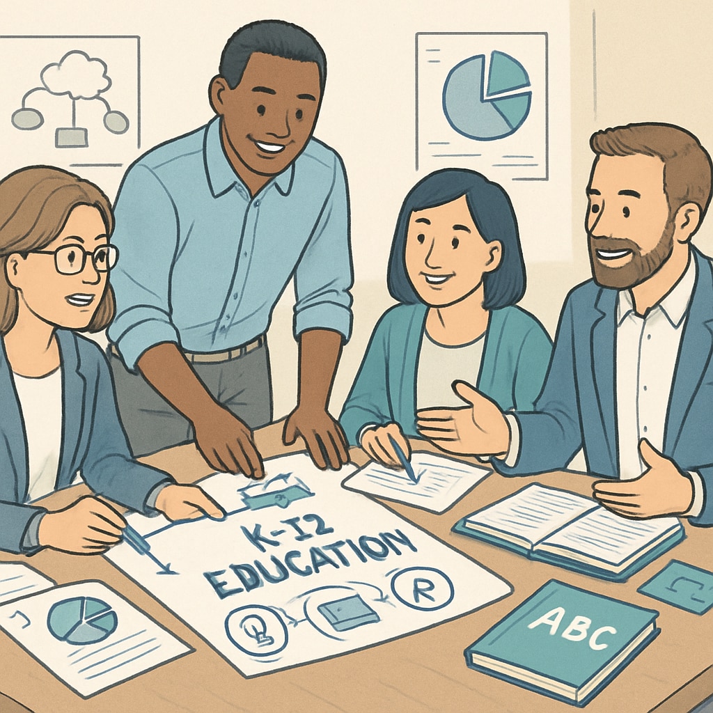 A team of educators and consultants brainstorming ideas, illustrating collaboration and planning in K12 education. Collaboration and planning in K12 education using business analysis and finance principles.
