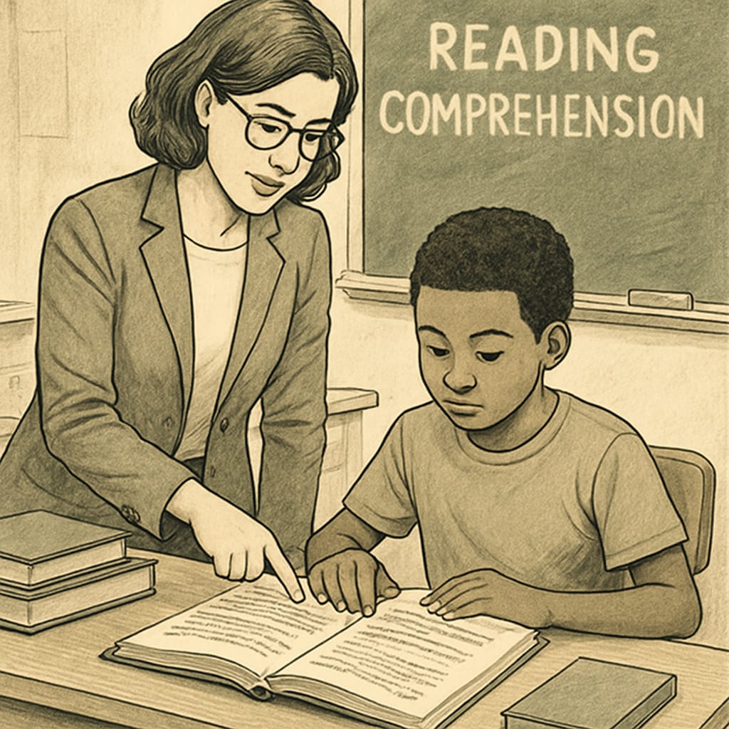 A teacher working with a student on reading comprehension exercises in a classroom setting. Teacher assisting a student with reading comprehension exercises.