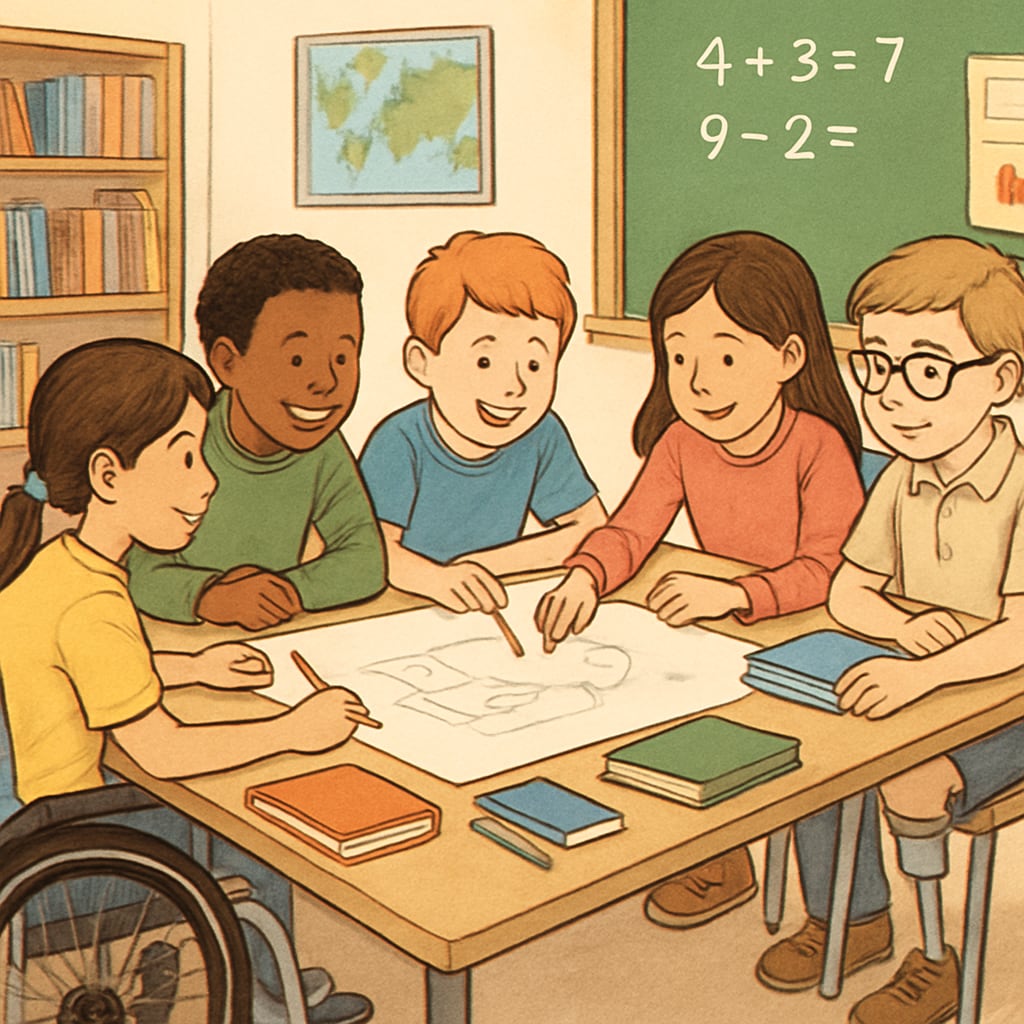A classroom with a diverse group of students, including children with visible disabilities, working collaboratively on a project. An inclusive classroom with students of varying abilities working together.