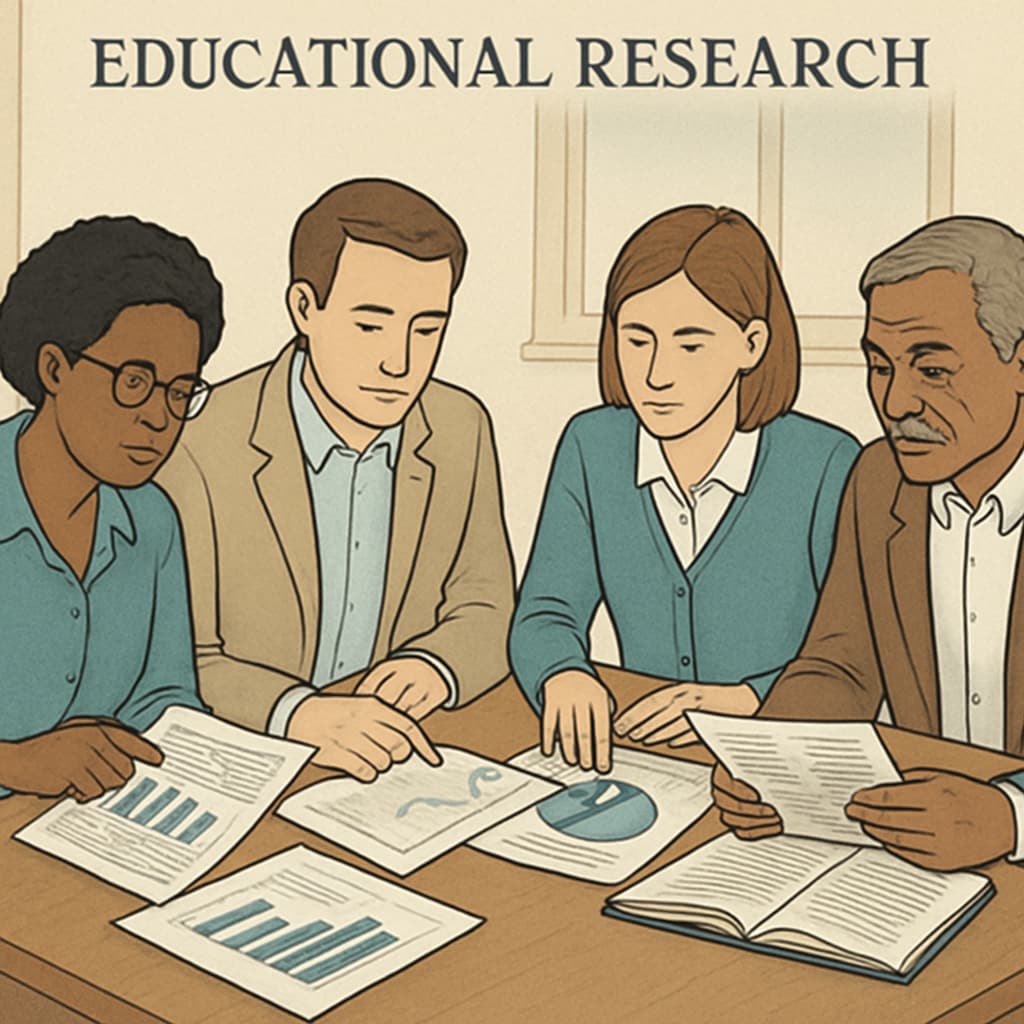 A group of teachers discussing educational research data in a collaborative setting. Teachers reviewing educational research on text complexity.