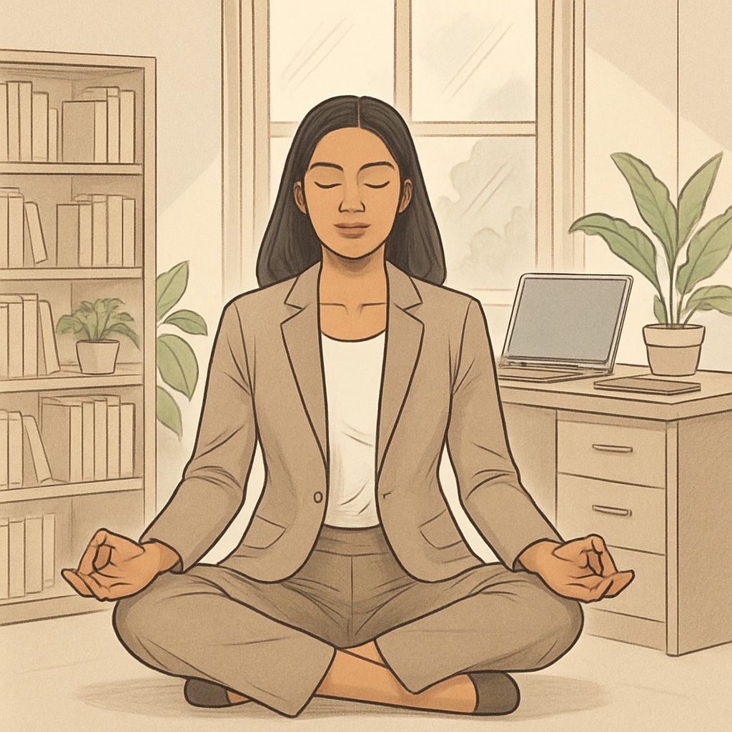 A professional woman entrepreneur meditating, inspired by Sadhguru’s teachings, seated in a serene office environment. Woman entrepreneur meditating, inspired by Sadhguru’s teachings, in an office setting.