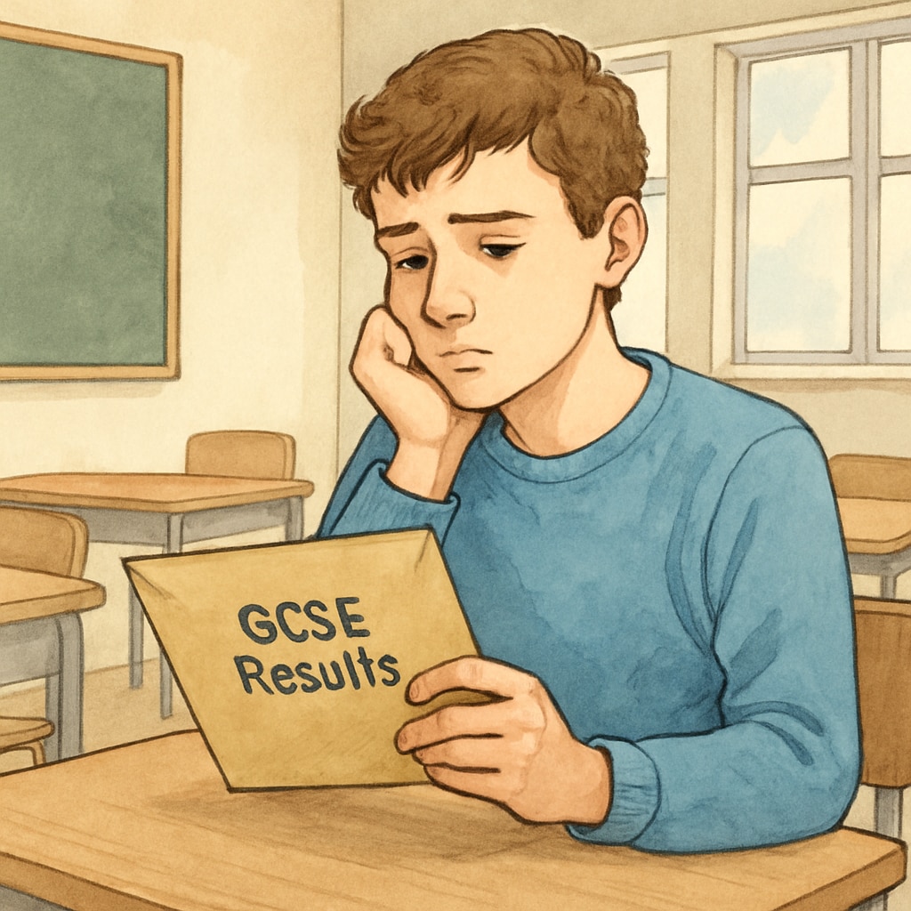 A thoughtful teenager holding a GCSE results envelope, symbolizing mixed emotions of anticipation and reflection. Teenager holding a GCSE results envelope, reflecting on academic growth.