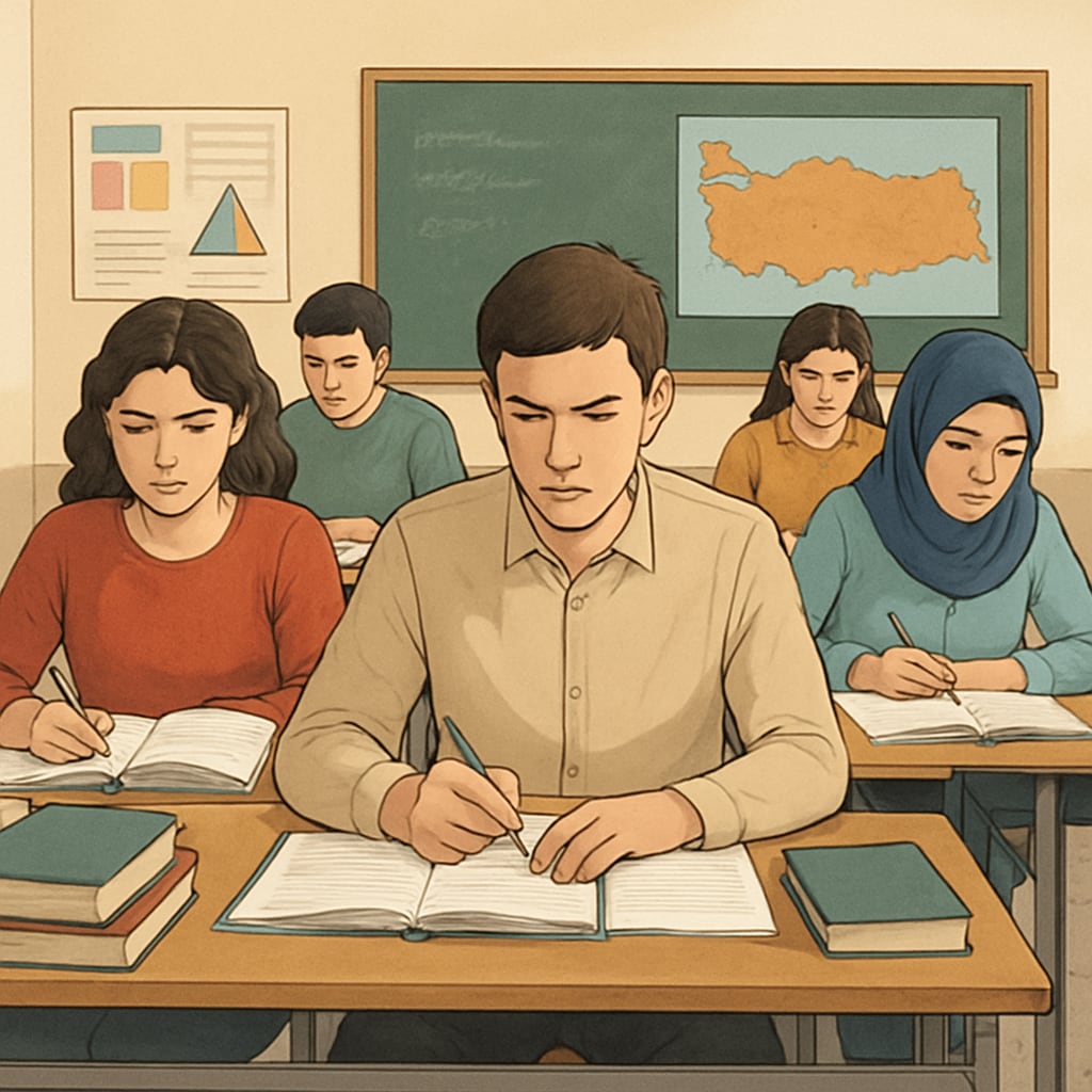 A classroom of Turkish students preparing for a national exam, symbolizing the stress of standardized testing. Turkish students preparing for a national exam, highlighting exam pressure in education reform discussions.