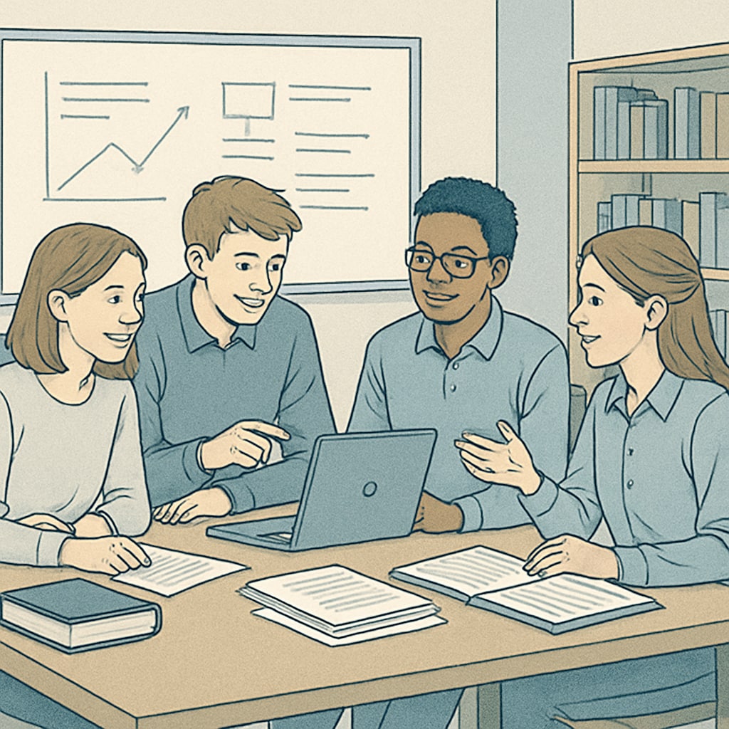 A group of British students working collaboratively on an A Levels project, highlighting the system’s emphasis on critical thinking and teamwork. British students collaborating on an A Levels project, showcasing flexibility and critical thinking in education.