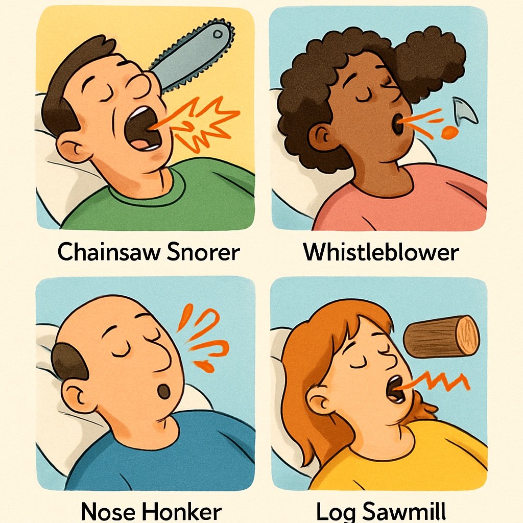 A humorous cartoon illustrating various types of snoring, such as a Cartoon showing types of snoring humorously, like