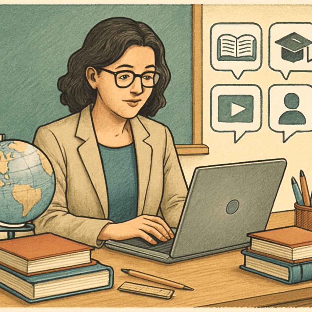 A teacher using a laptop to explore Reddit education communities, symbolizing online learning resources. A teacher researching Reddit education subreddits on a laptop.