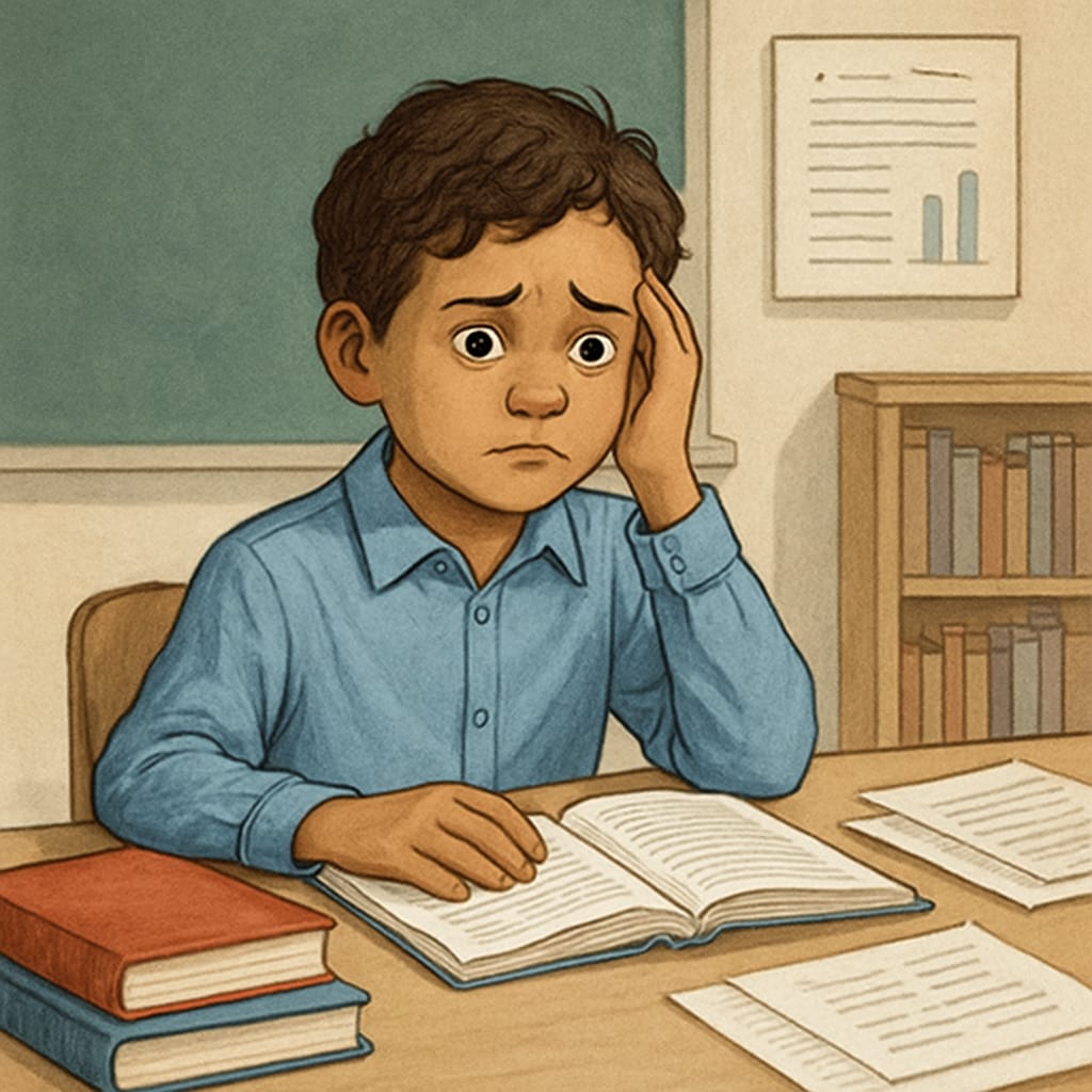 A professional image of a child sitting at a desk with a worried expression, symbolizing barriers in education. A child looking worried and sitting at a desk, representing challenges in special needs education.