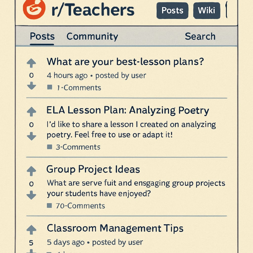 A screenshot of the r/Teachers subreddit homepage, showcasing posts on lesson plans and classroom ideas. Screenshot of an active Reddit education community (r/Teachers).
