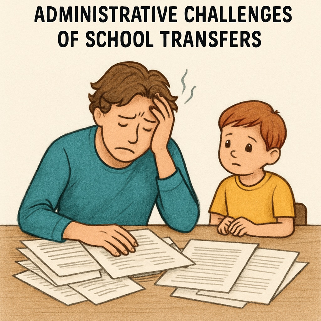A professional image of a frustrated parent with documents, sitting beside a child, highlighting the administrative burden of school transfers. A parent overwhelmed with documents while sitting beside a child, symbolizing the struggles of navigating school transfer systems.