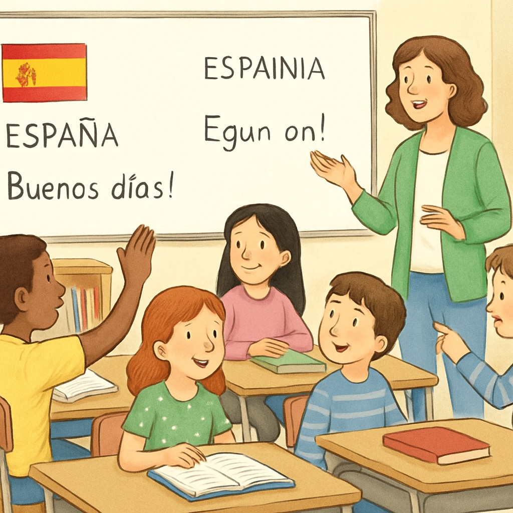 A classroom with students engaged in a bilingual lesson, showcasing Spain's multilingual education system. Multilingual education in Spain's K12 system.