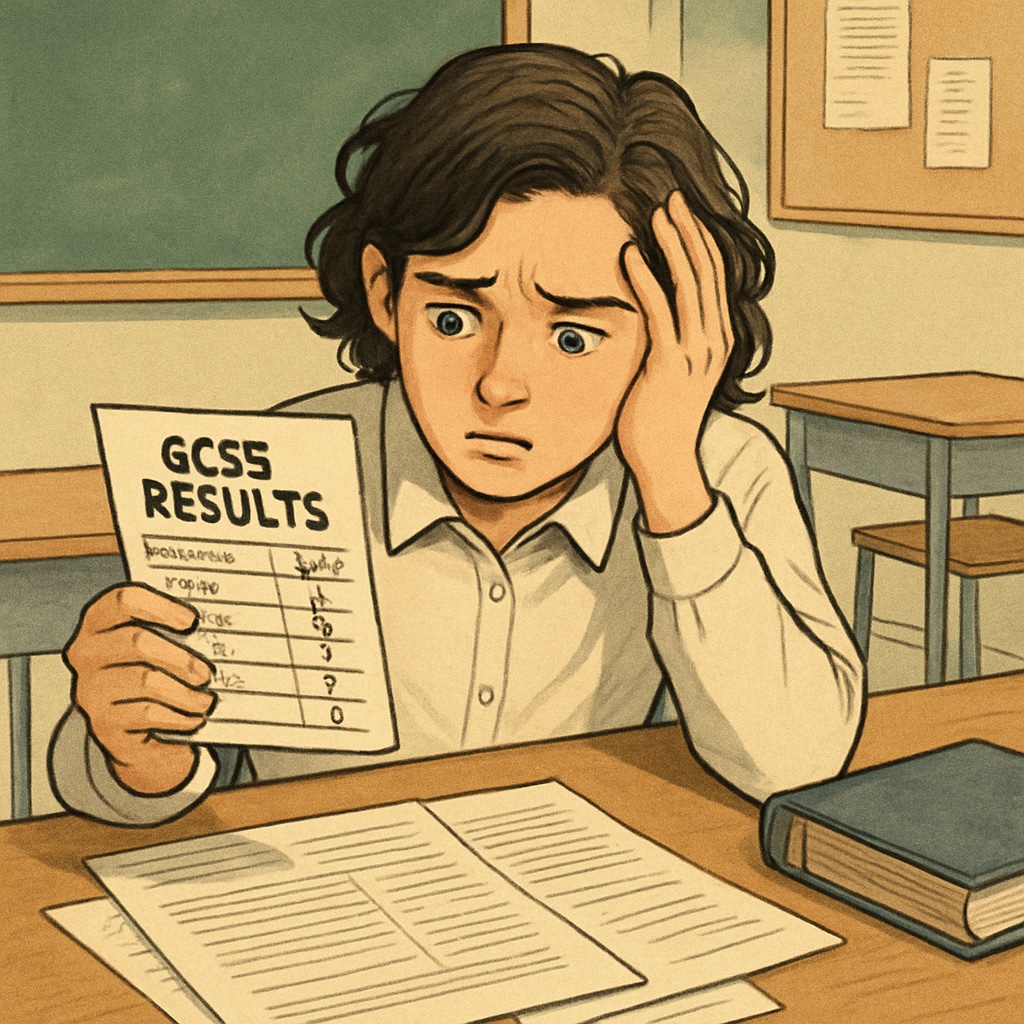 A concerned student looking at their GCSE results, symbolizing academic anxiety. A student reviewing their GCSE results, highlighting academic anxiety and future prospects.