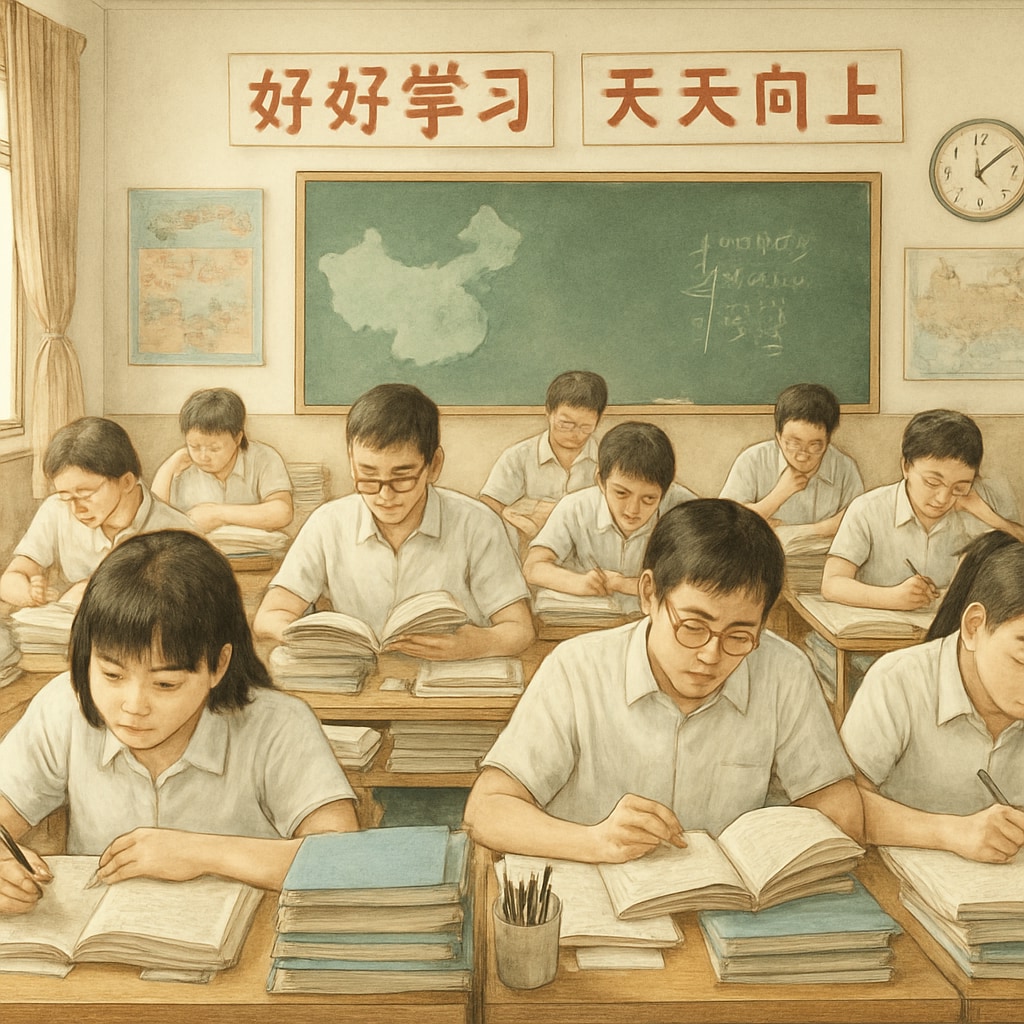 A Chinese classroom with students intensely preparing for exams, embodying China's exam-focused education system. A Chinese classroom with students studying for exams, representing testing practices and resource allocation in education systems.