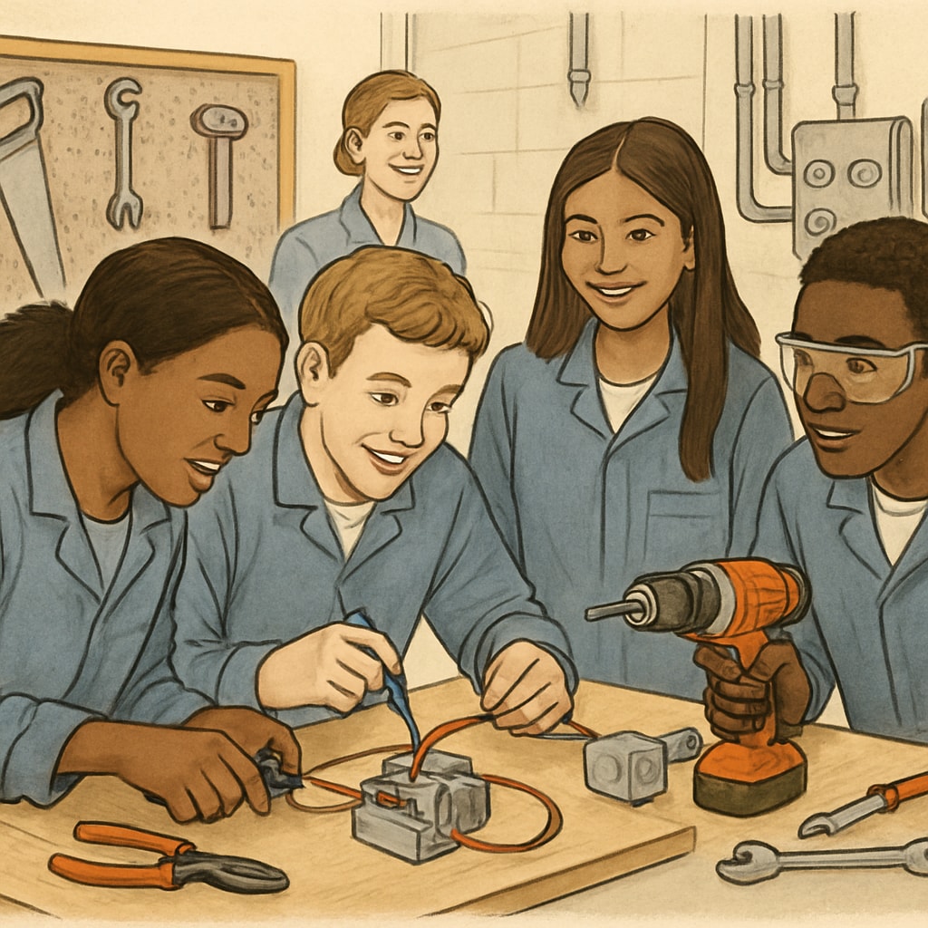 A diverse group of students engaging in a hands-on vocational training session. Students participating in vocational training, showcasing alternatives to GCSE-focused education.