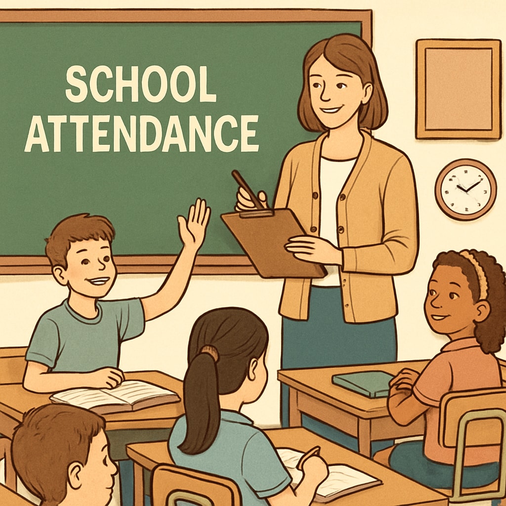A classroom setting with a teacher taking attendance, emphasizing the importance of school attendance policies. Teacher taking attendance in a classroom, highlighting strict attendance policies.