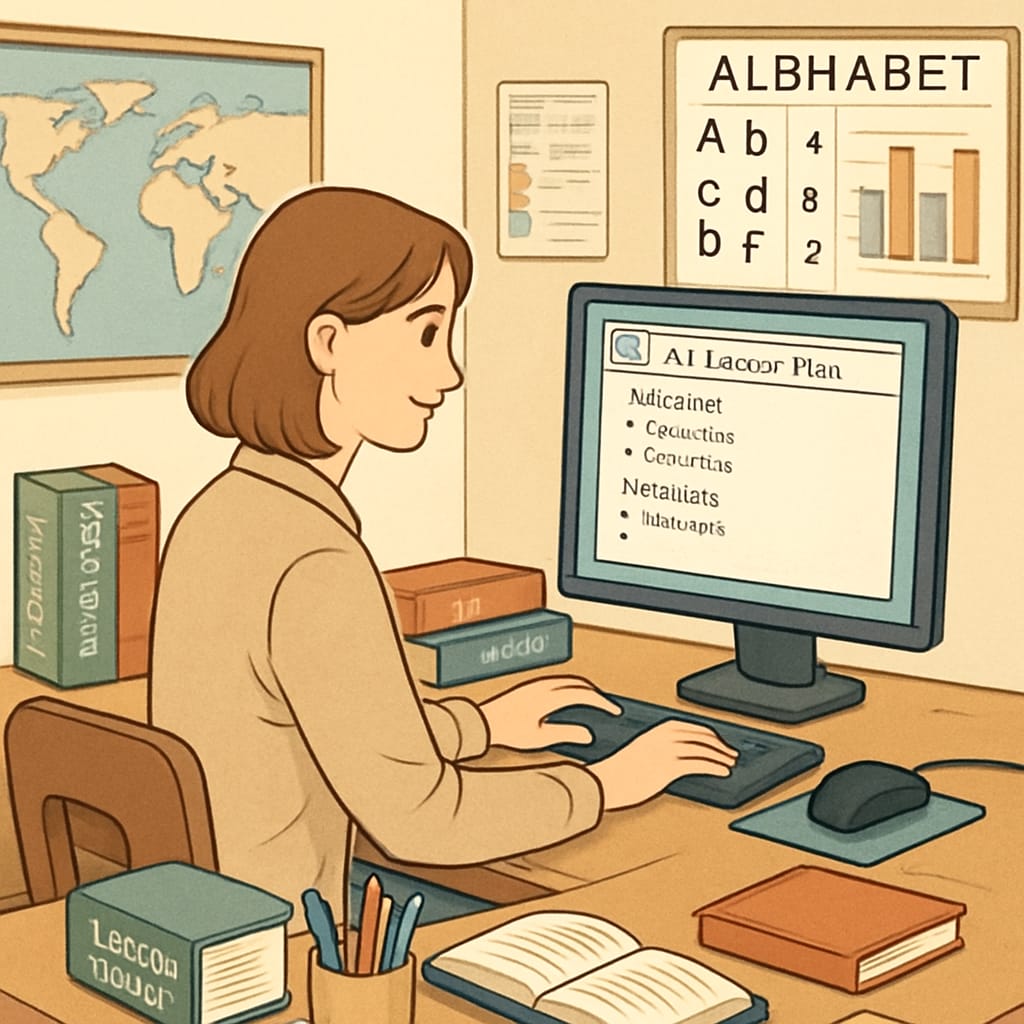 A teacher using an AI-powered software to create lesson plans, showcasing the automation of educational administrative tasks. AI-powered software assisting a teacher in lesson planning and material creation.