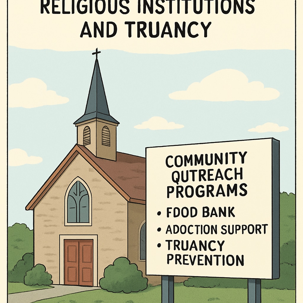 The exterior of a church building with a sign indicating community outreach programs, illustrating the role of religious institutions in addressing truancy. Church building indicating community programs, symbolizing the role of religious intervention in public matters.
