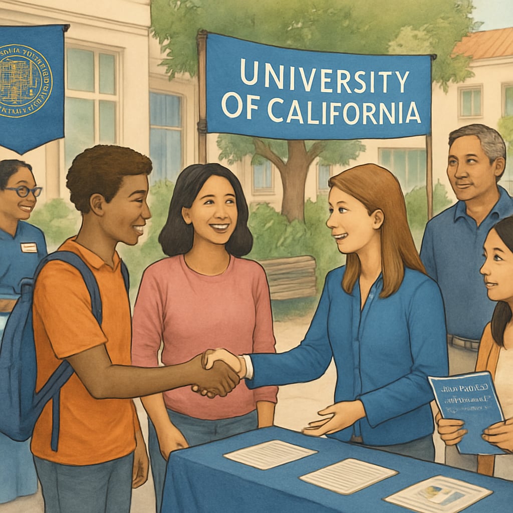 Parents and students discussing college opportunities with UC staff at an open house.