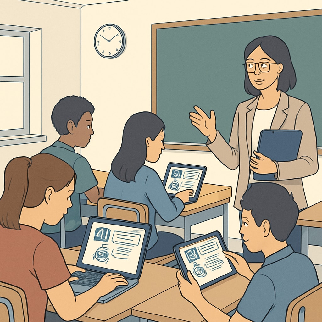 A modern classroom with students interacting with AI-based learning platforms while the teacher supervises. Classroom with students using AI tools for learning, highlighting AI's role in lesson engagement.