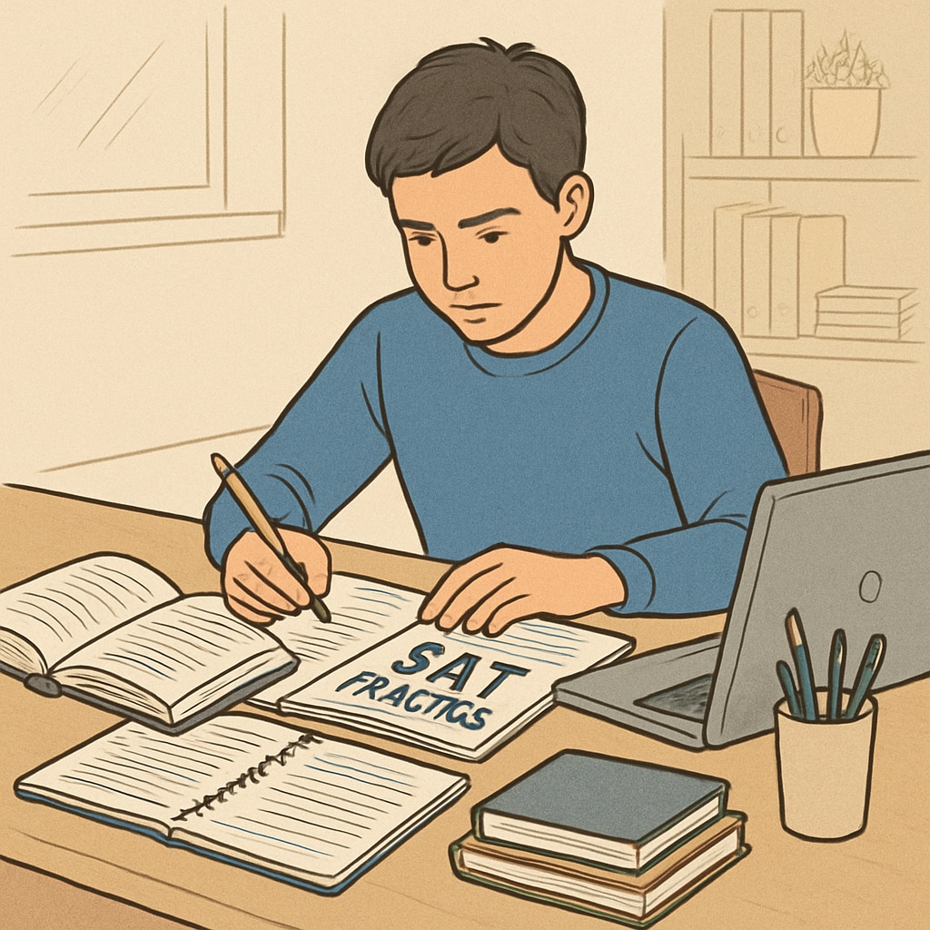 A student working on SAT practice problems with a laptop and study materials. A student preparing for SAT exams for U.S. university applications.