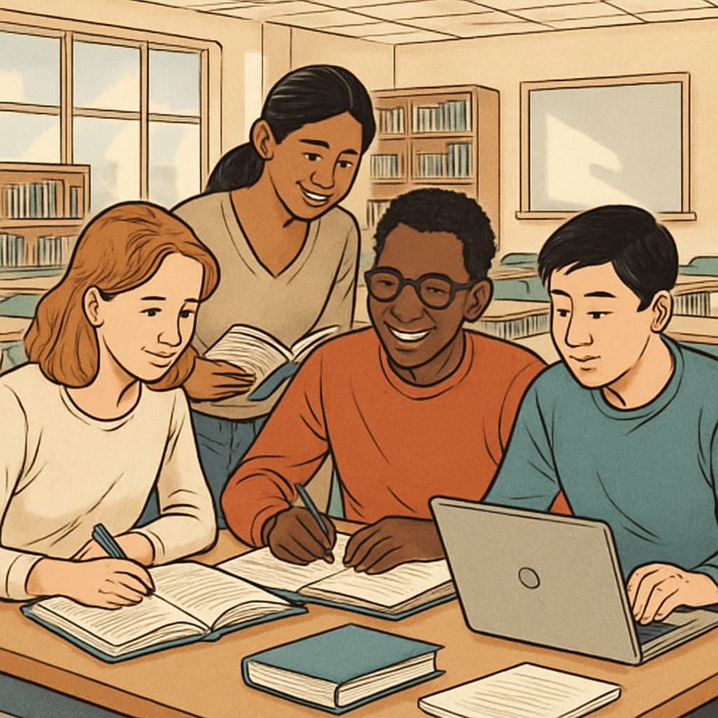 A group of diverse students studying together in an affordable university setting. AS Level students exploring affordable university options.
