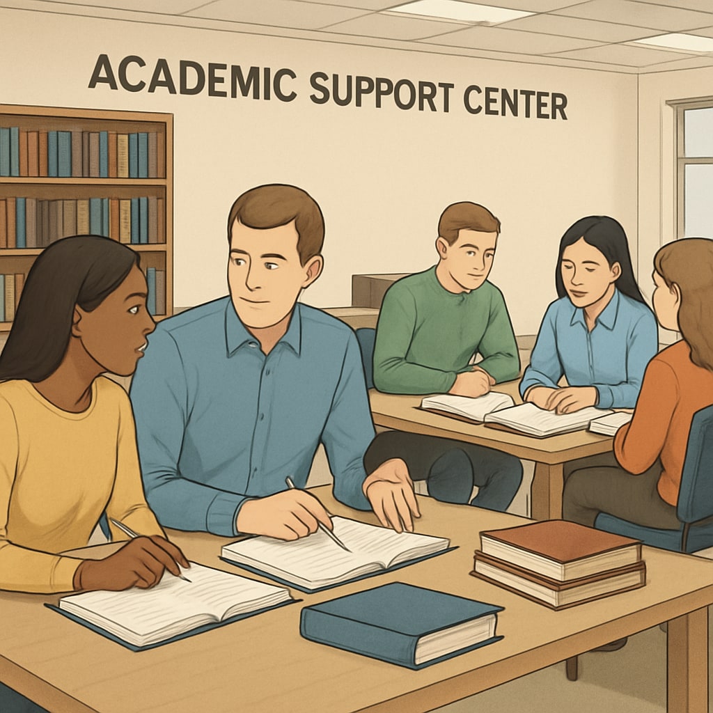 A photo showing students receiving tutoring in a university's academic support center. Students receiving tutoring in a higher education academic support center to boost completion rates.