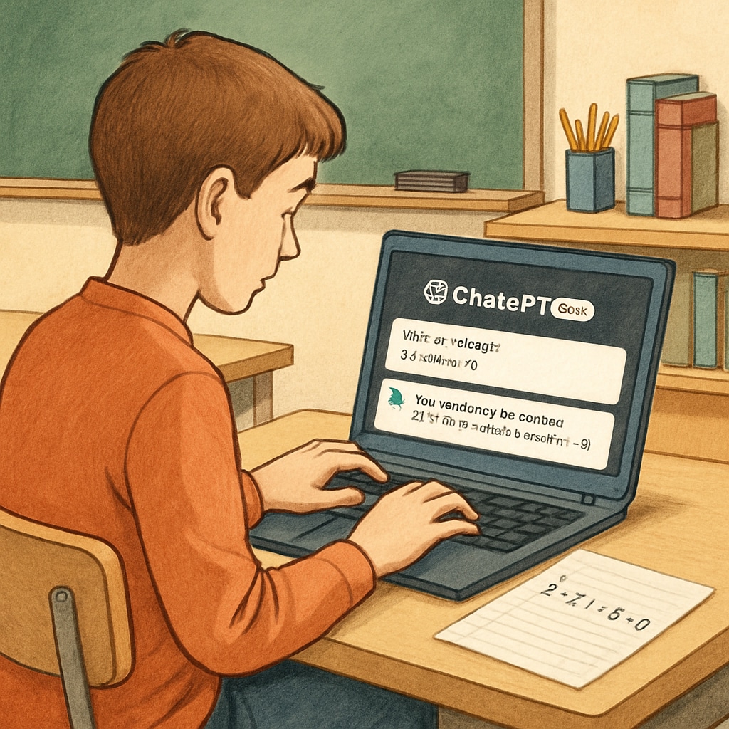 A student using ChatGPT Plus on a laptop to solve a math problem in a school setting. The image emphasizes the practical use of AI in academic assistance. Student using ChatGPT Plus for academic assistance