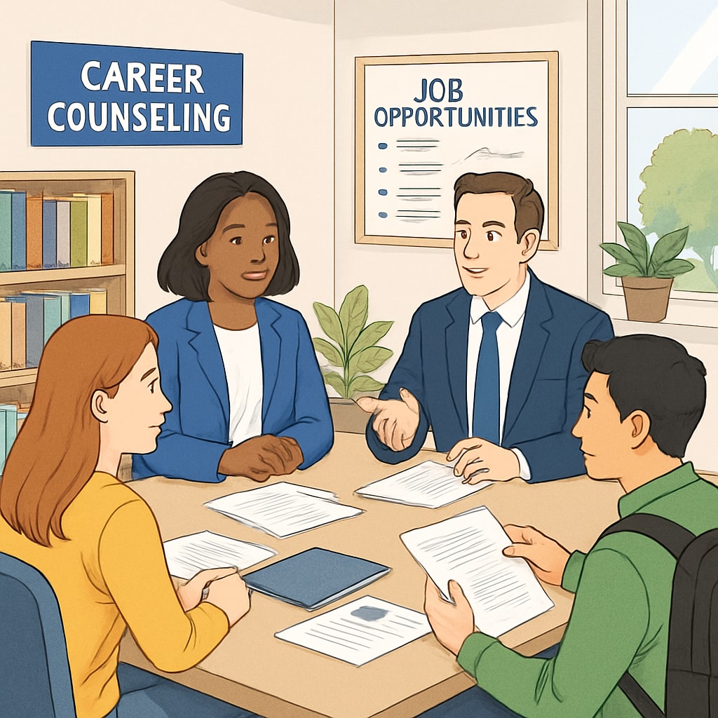 A photo of a university career counseling session showing students discussing job opportunities with advisors. University career counseling session supporting student success and completion rates.