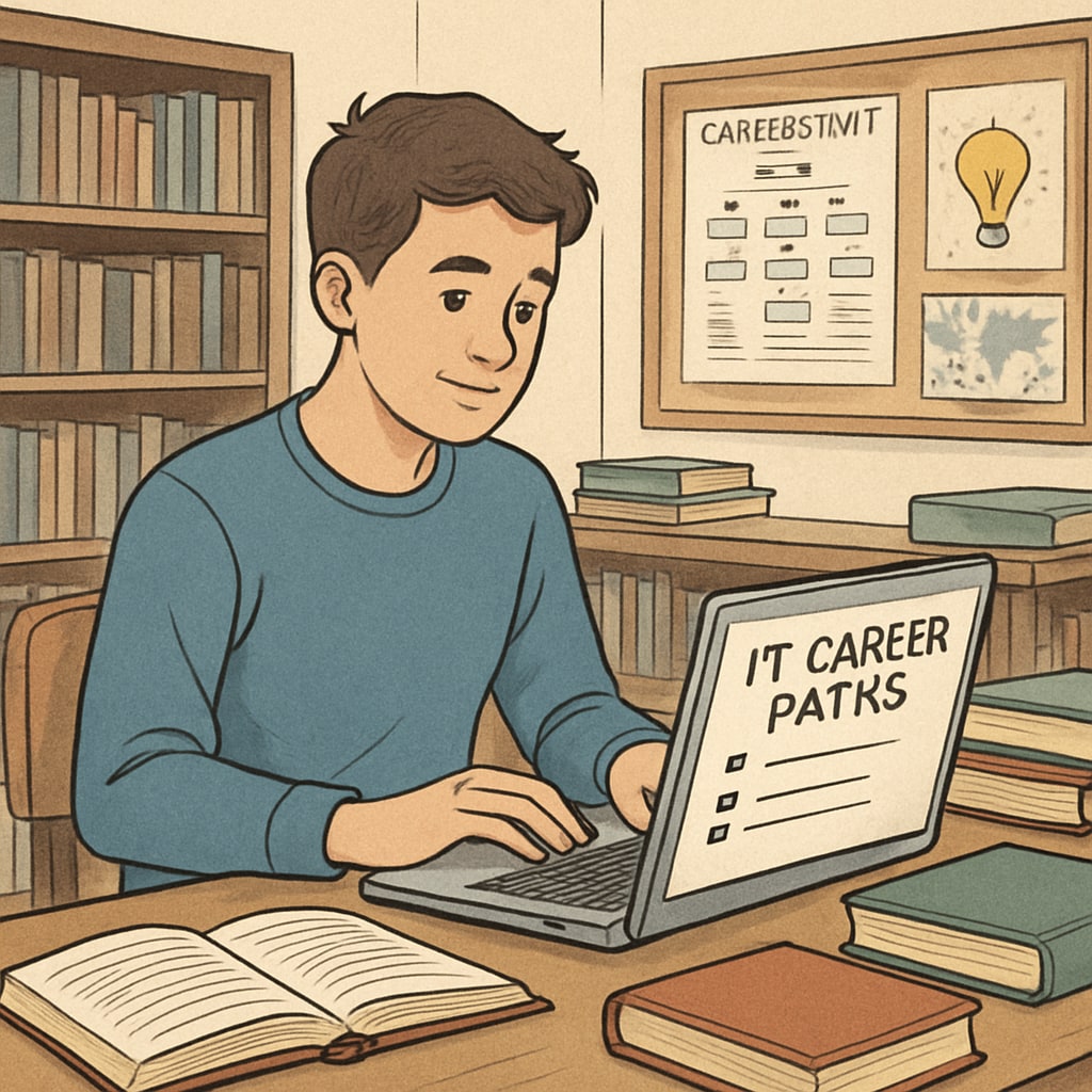 A young student researching IT career paths on a laptop in a library setting. Student exploring IT career options on a laptop.