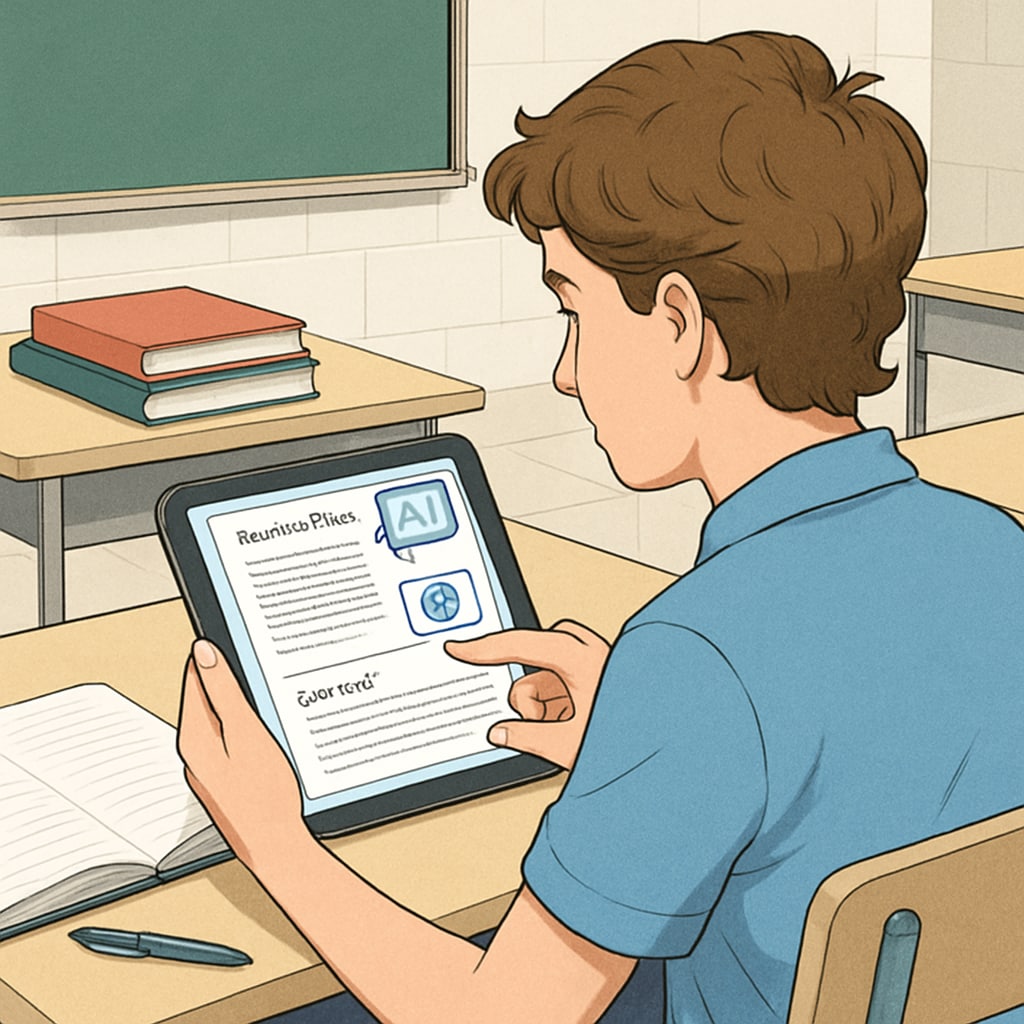 A high school student using Claude Pro on a tablet to summarize a research paper. The image highlights the tool's utility for research-based tasks. Student using Claude Pro for summarizing research