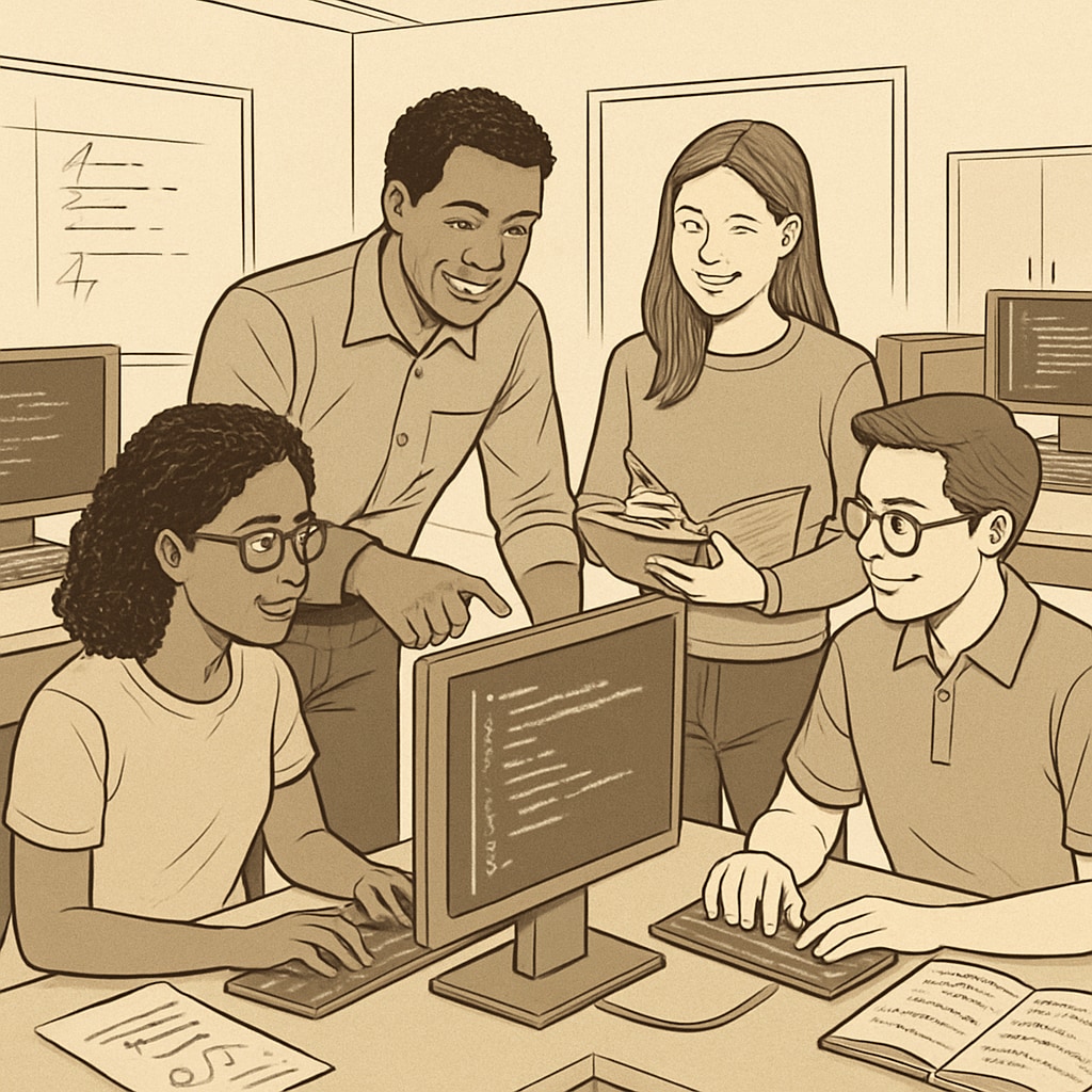 A group of university students collaborating on a coding project in a computer lab. Students working together on programming tasks in a lab.