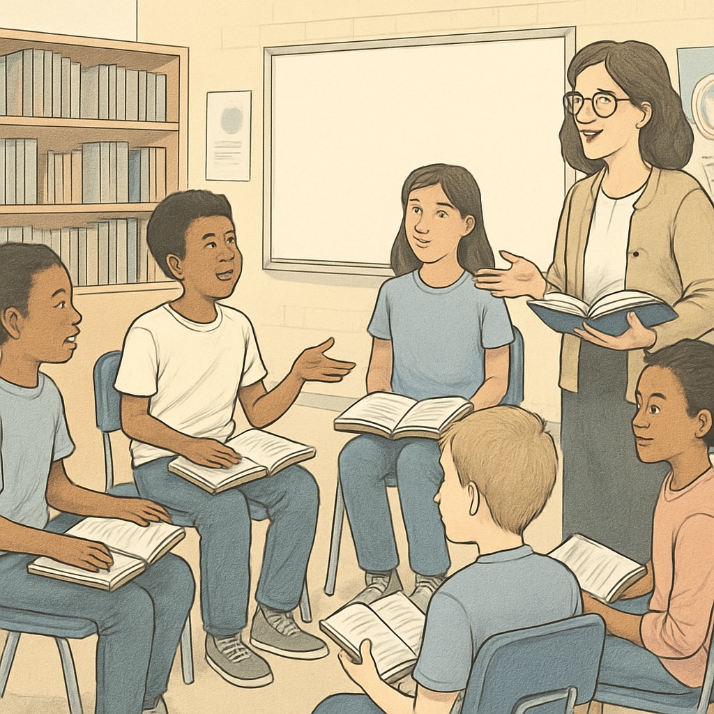 Fifth-grade students participating in literature circles as part of an ELA reading strategy.