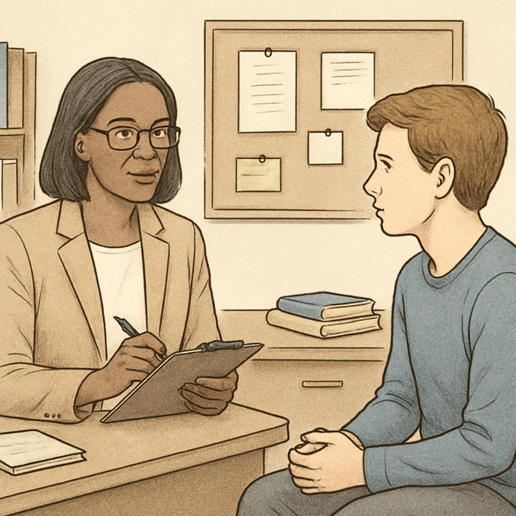 Guidance counselor discussing academic plans with a student.