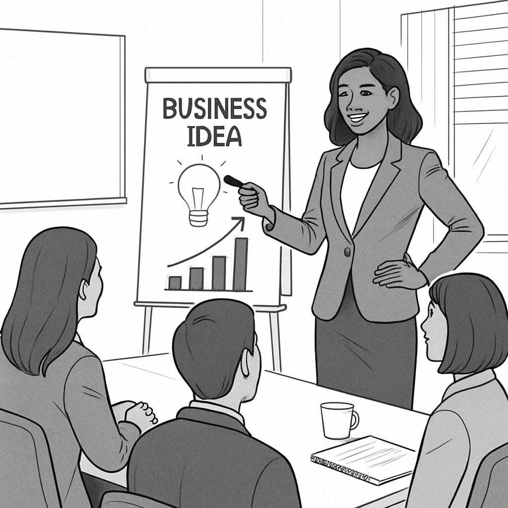 Female entrepreneur presenting her business idea, demonstrating effective communication.