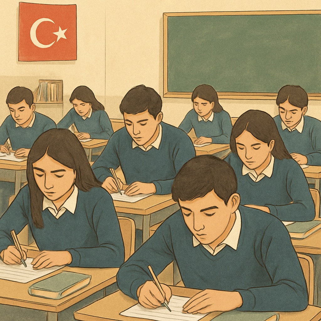Turkish high school students preparing for exams, representing an exam-oriented education system.