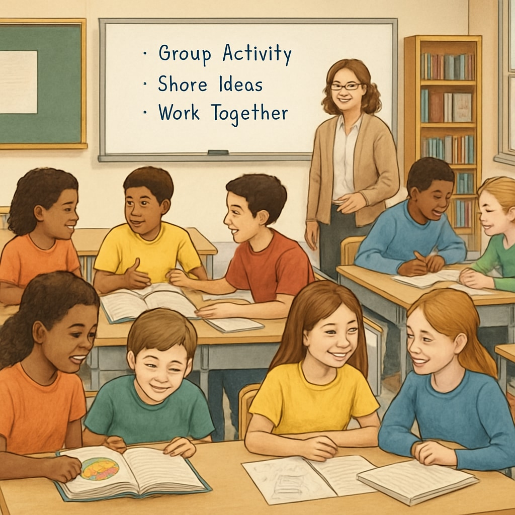 U.S. classroom showing collaborative learning, related to education systems, exam evaluation, resource distribution.