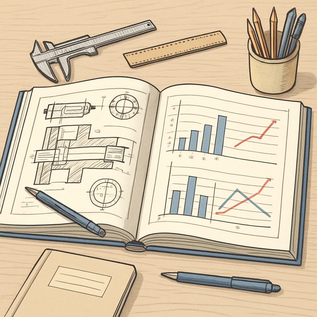 A student working on both engineering schematics and economics charts, representing interdisciplinary study. Dual degree student balancing mechanical engineering and economics coursework.