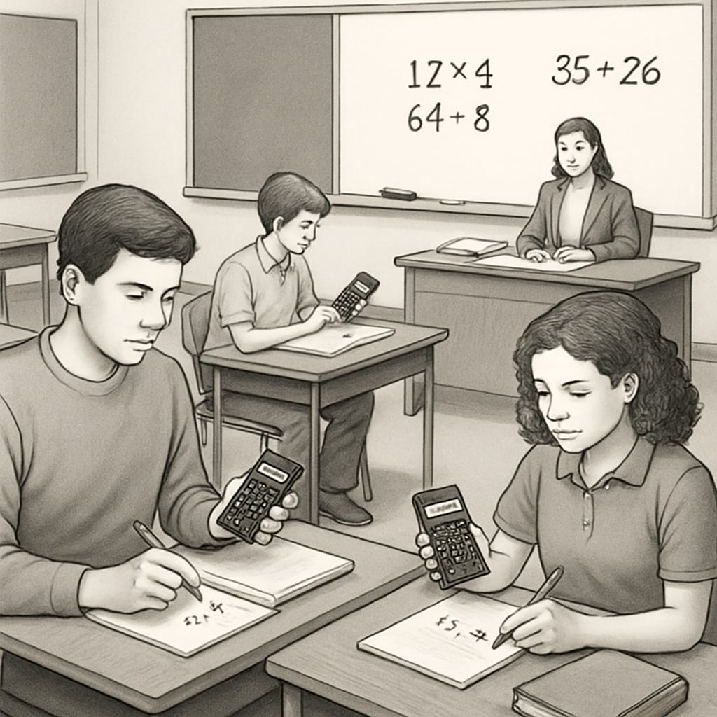 Students using RPN calculators like HP 11c in a math class