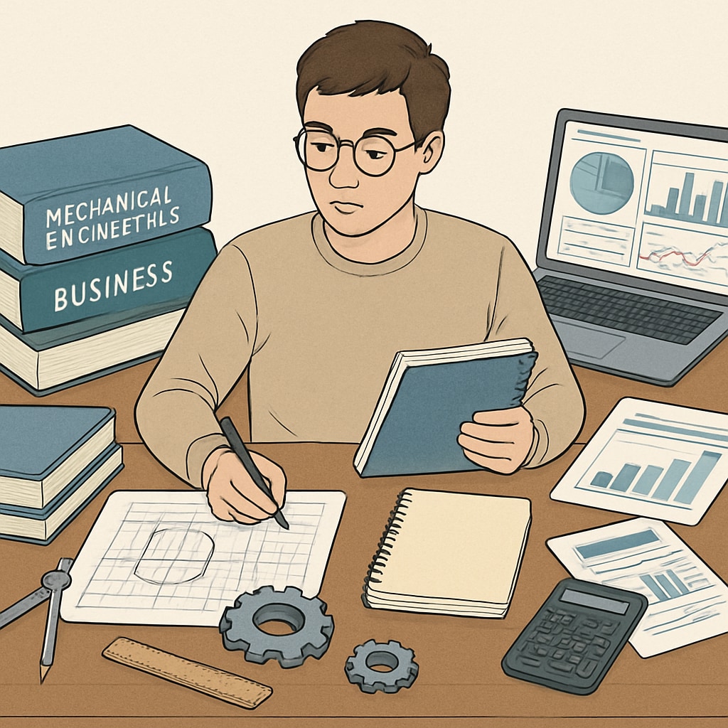 A detailed planner showing a student balancing mechanical engineering coursework with business-related assignments. Planner illustrating time management for a dual degree in engineering and business.