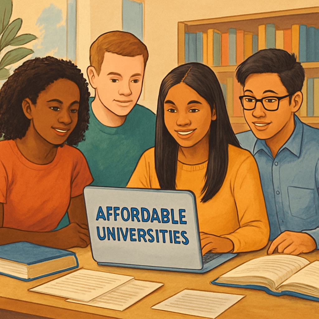 A diverse group of students researching affordable universities on a laptop, symbolizing accessible education for AS-level students. Group of students researching affordable university options online.