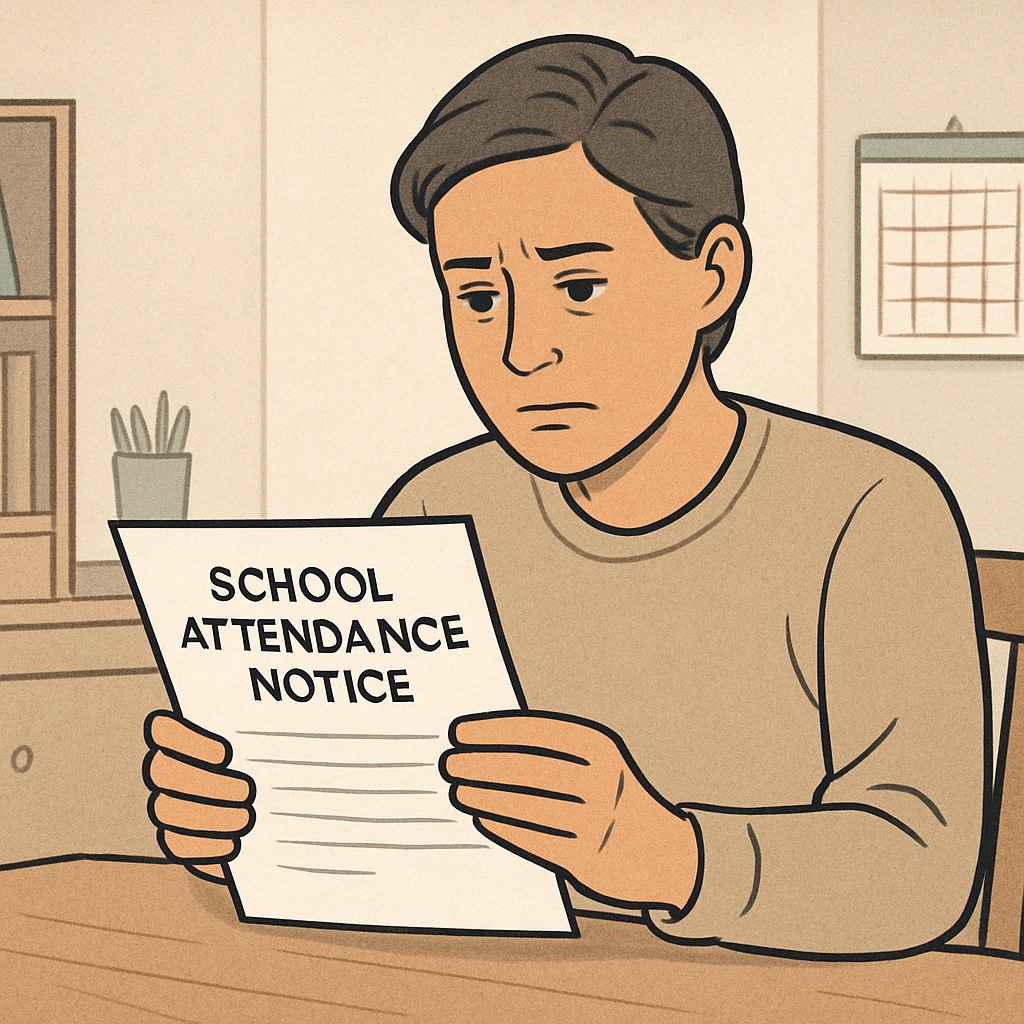 Parent reading school attendance notice, representing parental concerns about strict policies.