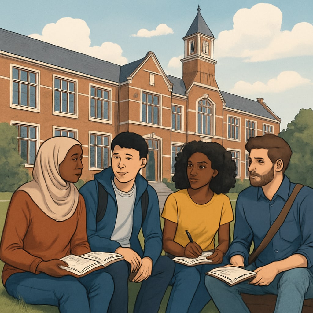 An image of a diverse group of students sitting outside a UK university building, symbolizing the challenges faced by immigrant students in accessing affordable education. Immigrant students facing international fees outside a UK university building.