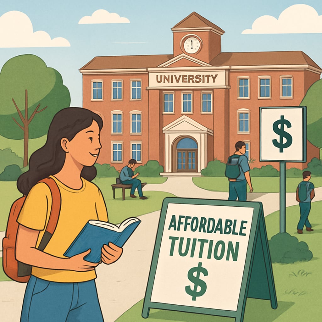 A university campus with affordable tuition options highlighted, representing cost-efficient choices for students. University campus showcasing affordable tuition opportunities for AS-level students.