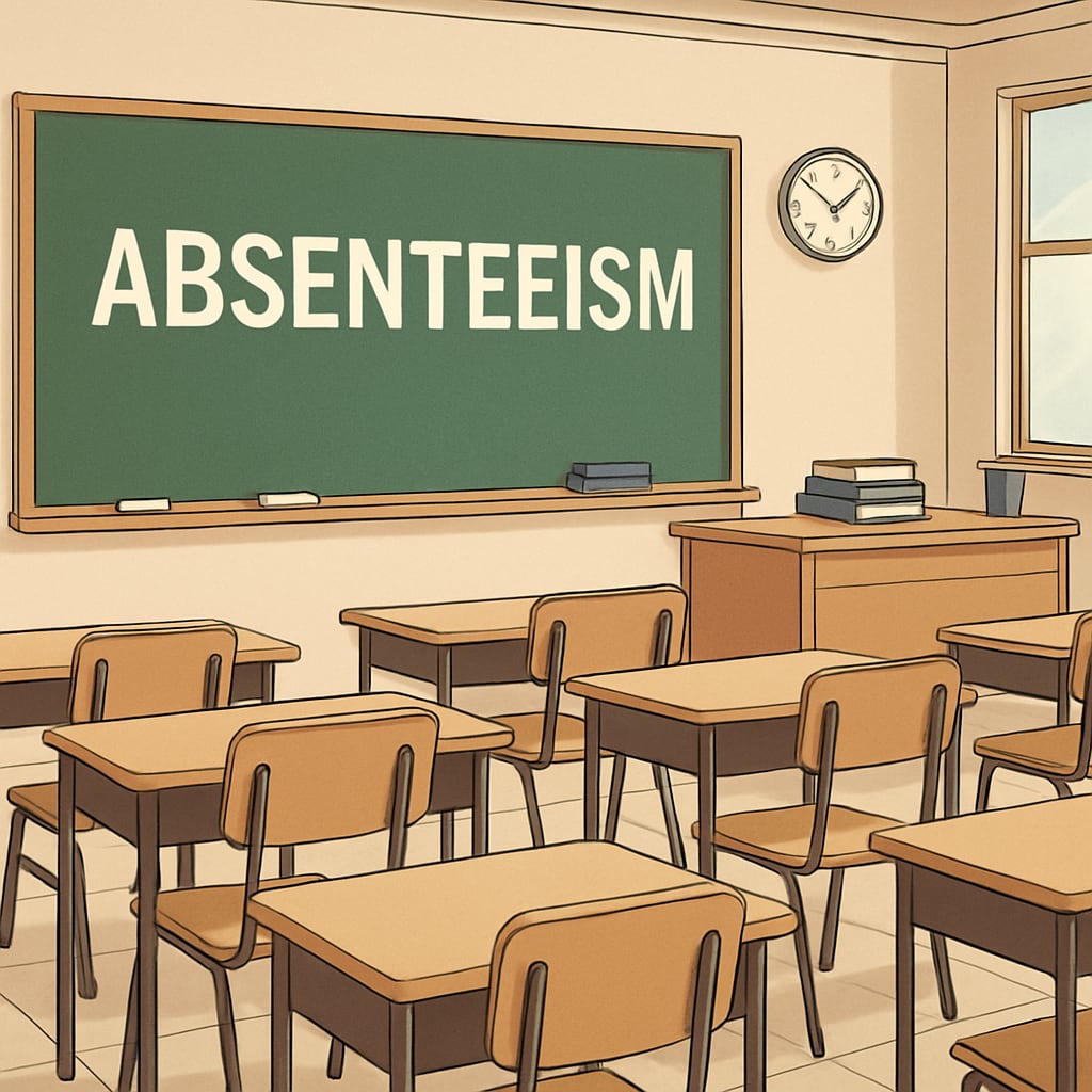 Empty classroom desks, highlighting absenteeism challenges in schools.