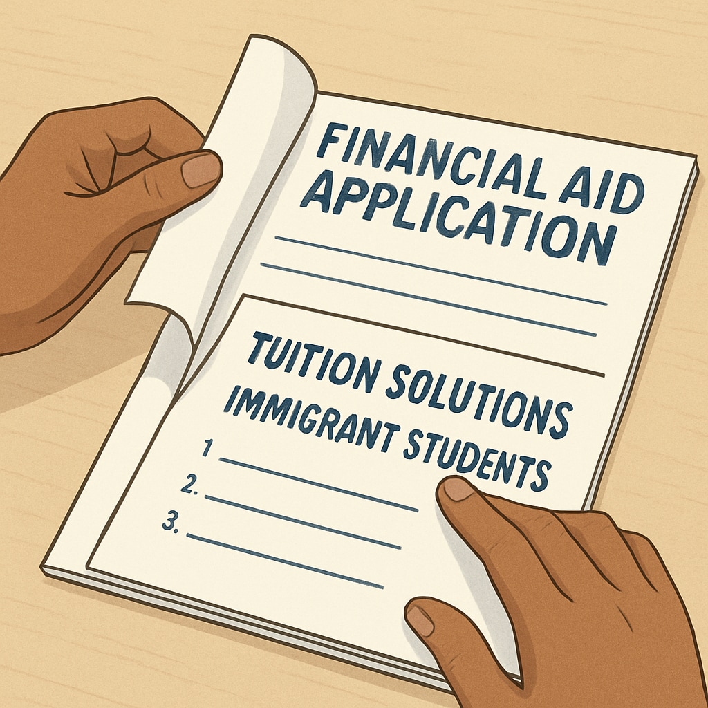 A close-up shot of hands flipping through a financial aid application form, representing the need for accessible tuition solutions for immigrant students. Financial aid application form for immigrant students facing tuition challenges.