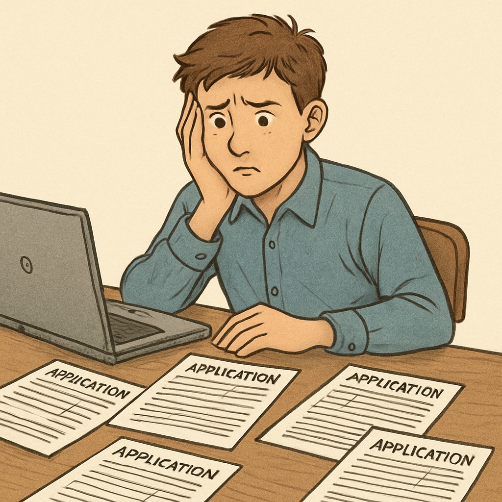 Freshman struggling with university applications at a desk.