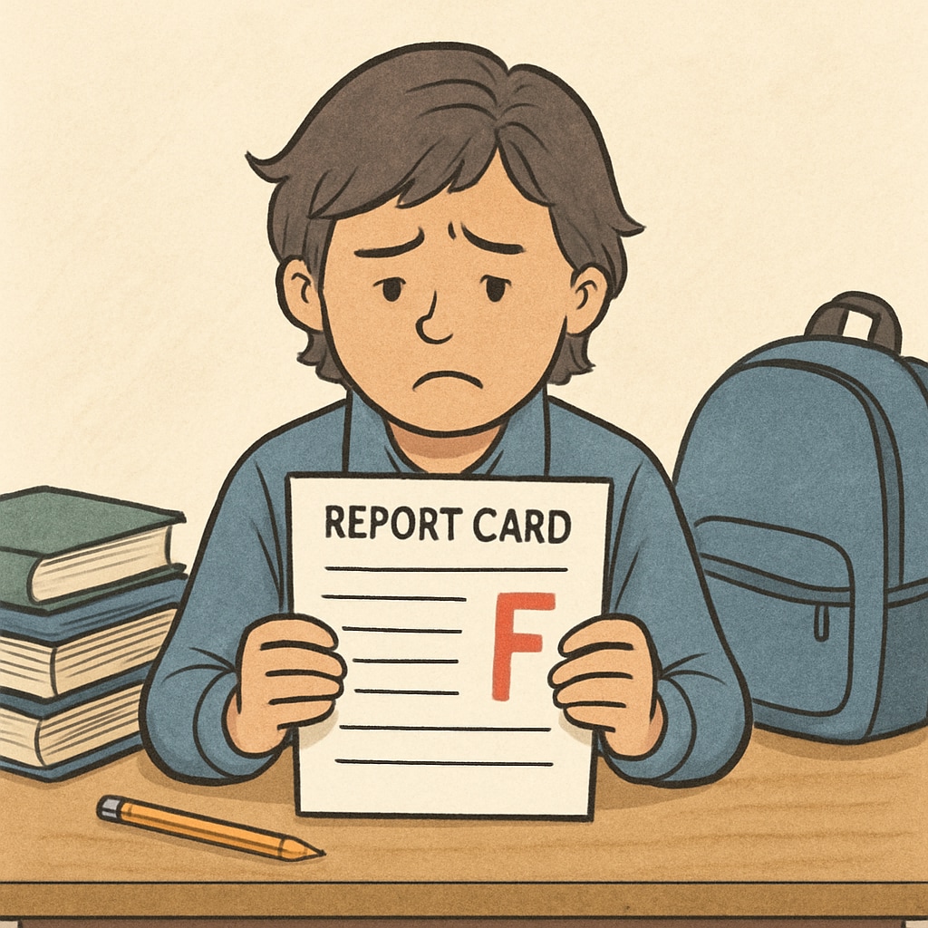 A frustrated student looking at their report card, symbolizing the challenges of academic appeals. A frustrated student holding a report card, representing grading disputes.