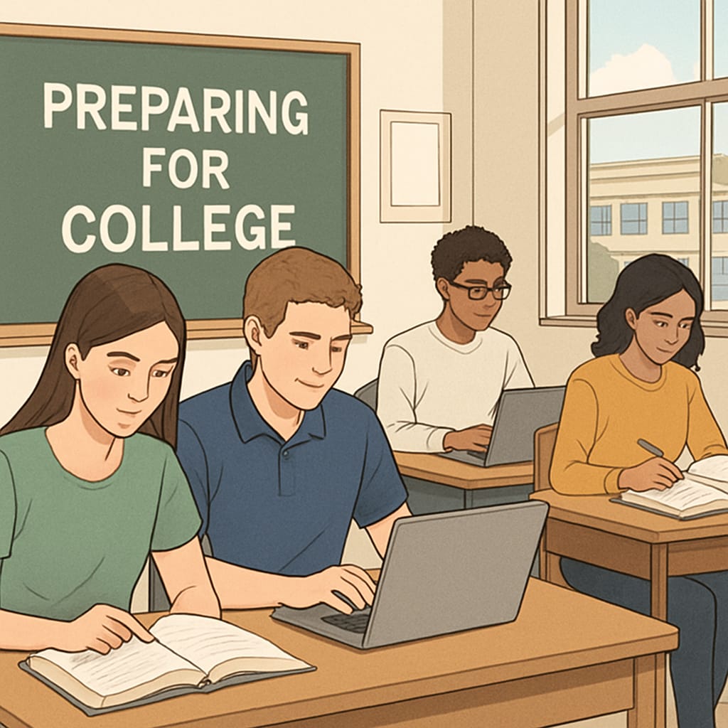 A classroom with students preparing for college, highlighting textbooks and laptops. Students in a classroom preparing for college with academic materials.